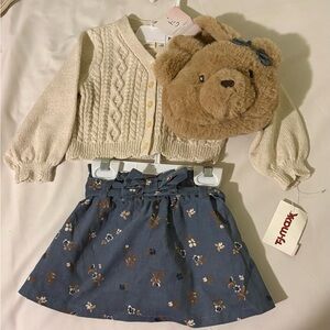 Happily Grey Girls Cream Knit Cardigan & Blue Floral Skirt Matching Set